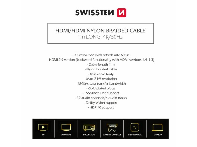 SWISSTEN Καλώδιο HDMI 3 μέτρα σε HDMI 4K 60Hz 8595217484641