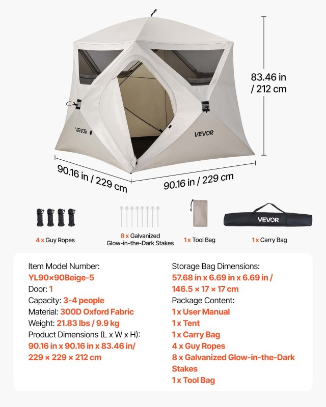 VEVOR Σκηνή Camping Pop Up Cabin για 4 Άτομα, με Μεγάλα Διχτυωτά Παράθυρα και Τσάντα Μεταφοράς DCZ9090INCH4FZHGY001V0