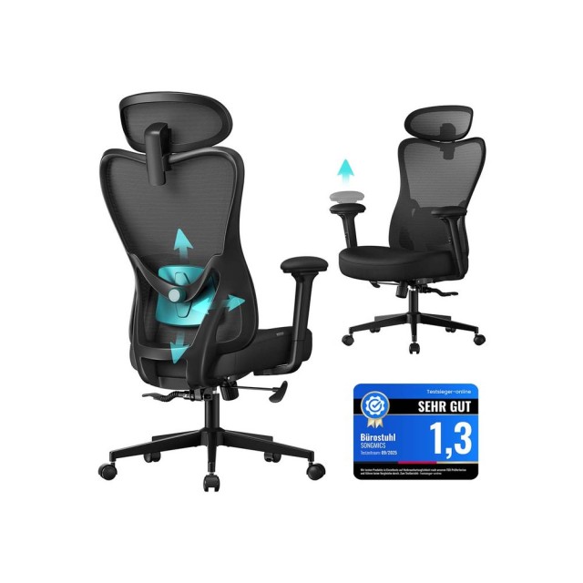 SONGMICS Εργονομική Καρέκλα Γραφείου  70 x 70 x (113-130) cm με Ρυθμιζόμενο Υποστήριγμα Κεφαλής και Οσφυϊκής Χώρας, Στήριξη έως 150 kg, Ρύθμιση Ύψους, Μαύρο Ink OBN066BH01