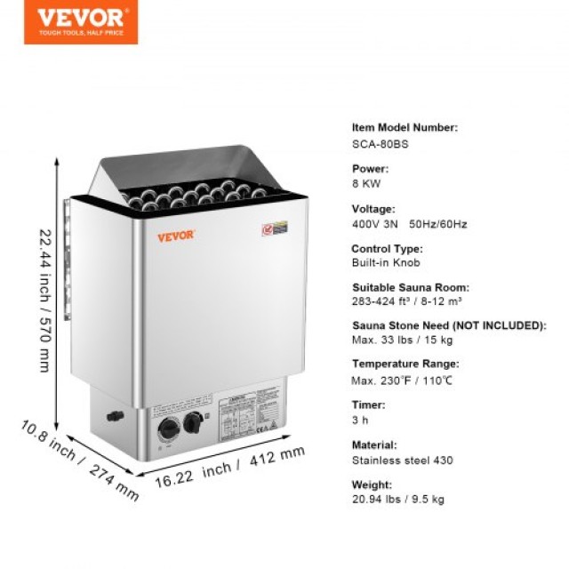 VEVOR  8KW Ηλεκτρική Σάουνα Ενσωματωμένος Έλεγχος 8-12 m3 Ανοξείδωτο Ατσάλι  DSSNLNKBXG8KWVQI3V8