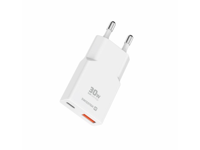 SWISSTEN Λεπτός Τροφοδοτικός Αντάπτορας GaN USB-C + USB-A 30 W, Λευκός 8595217492271