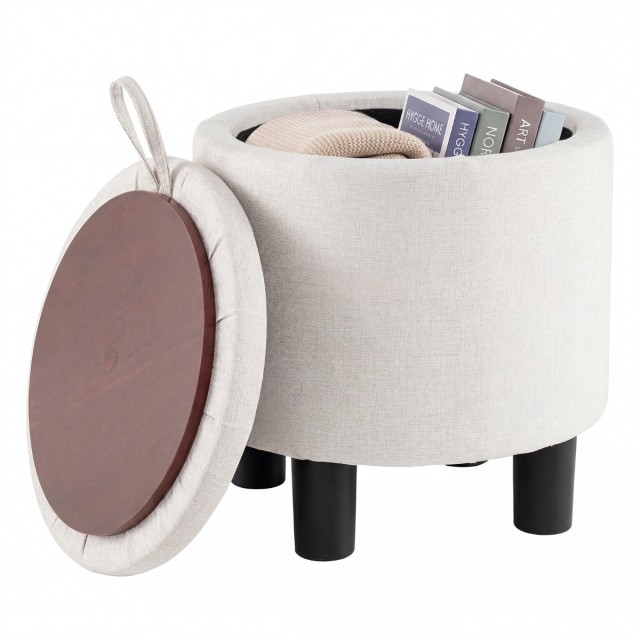 Costway Στρογγυλό λινό σκαμπό με αποθηκευτικό χώρο Ø38 εκ., μπεζ, 41 x 38 x 38 cm JV14258BE
