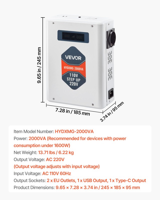 VEVOR Μετατροπέας Τάσης 2000VA, 110V σε 220V, με Διπλή Έξοδο EU, USB & Type-C DXDYZHQSY220W0SFC001V7