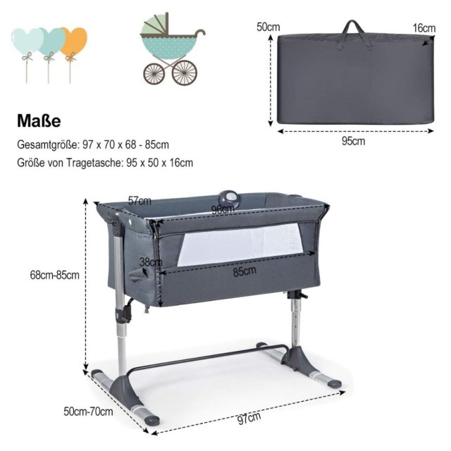 Costway  Κούνια & Παιδικό Κρεβάτι Ρυθμιζόμενο 97 x 50 - 70 x 67 - 85 εκ Γκρι BB5568GR