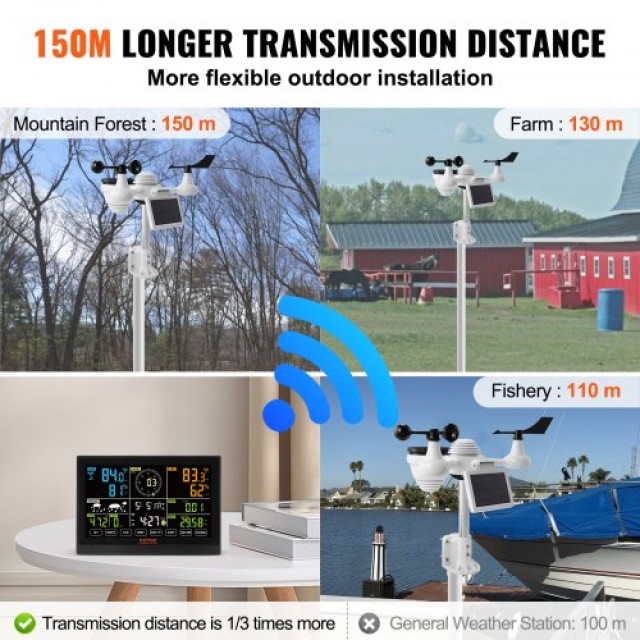 VEVOR 7-σε-1 Wi-Fi Μετεωρολογικός Σταθμός με Έγχρωμη Οθόνη 7.5, Αισθητήρας Εξωτερικού Χώρου με Ηλιακή Ενέργεια, Ειδοποιήσεις Συναγερμού TYNQ75VAWIFI7T9PDV2