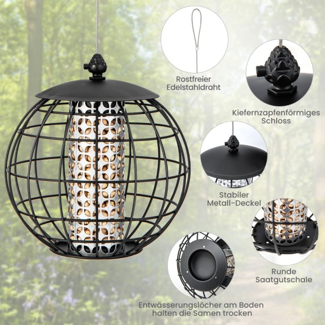 Costway Ανθεκτική Ταΐστρα Πουλιών κατά των Σκίουρων, Κρεμαστή, 21 x 22,5 εκ., Μαύρη GT4051
