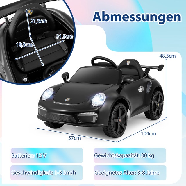 Costway Αυτοκίνητο Παιδικό Ηλεκτρικό 12V με Τηλεχειριστήριο & Απαλό Ξεκίνημα - Εγκεκριμένο Ηλεκτροκίνητο Πόρσε Μαύρο TQ10433DE-DK