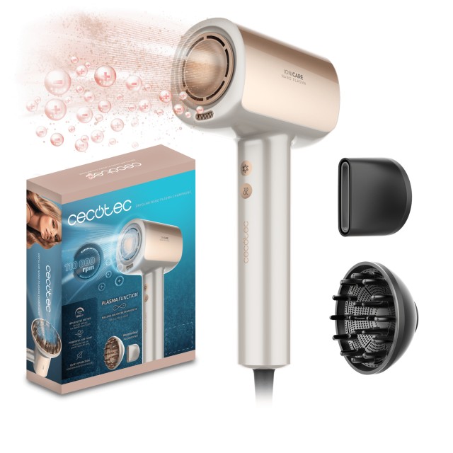 Cecotec Πιστολάκι Μαλλιών Τεχνολογίας Brushless Νέας Γενιάς, DryGlam Nano Plasma Ισχύς 110,000 RPM και 1600W, Λειτουργία Πλάσματος, Ισχυρή Ροή Αέρα, Αθόρυβο και Ανθεκτικό.