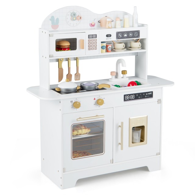 Costway Παιδική Κουζίνα με Αποθηκευτικό Χώρο & 17 Αξεσουάρ Ξύλινη Παιχνιδόκουζίνα Λευκή 90,5 x 39,5 x 79,5 εκ. TM10214WH