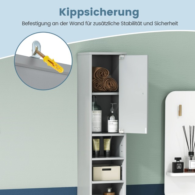 Costway  Ντουλάπα μπάνιου με 2 πόρτες, 1 συρτάρι και 5 ρυθμιζόμενα ράφια, ανοιχτό γκρι, 20 εκ. x 20 εκ. x 180 εκ. JV10766GR