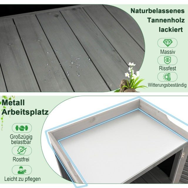 Costway Ξύλινη ντουλάπα κήπου με μεταλλική πλάκα, 2 ράφια αποθήκευσης και συρόμενες πόρτες Γκρι 53 x 46 εκ. GT4027GR