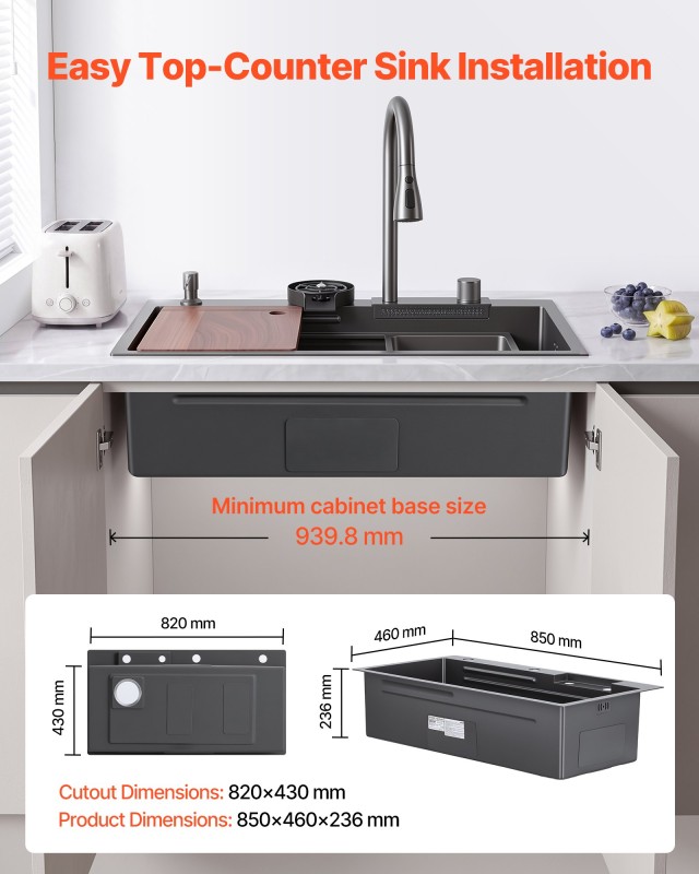 VEVOR Νεροχύτης Κουζίνας Inox 85 cm, Εντοιχιζόμενος, Μονής Γούρνας 85 x 46 x 23,6 cm QRSSCLHSTSPDF8KVK001V0