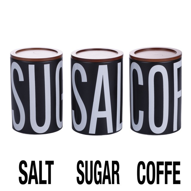 Villa DEste  Σετ 3 βαζάκια για αλάτι, ζάχαρη και καφέ από κεραμικό 750 ml με καπάκι από μπαμπού Bigismore 5919838