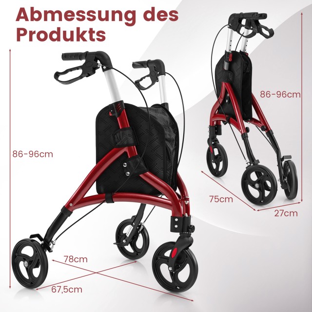 Costway Αναδιπλούμενος Περπατήρας για Ηλικιωμένους, Ελαφρύς Αλουμινένιος Σκελετός, 20εκ Ρόδες, Κόκκινος JH10025RE