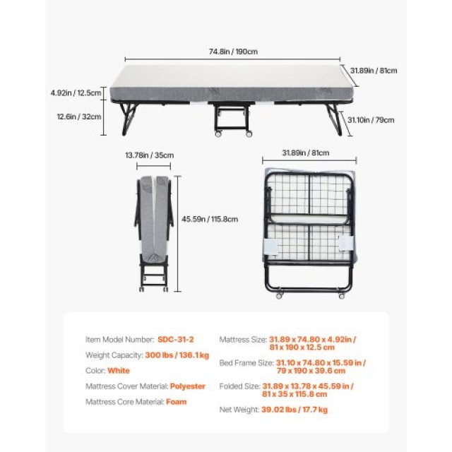 VEVOR Πτυσσόμενο Κρεβάτι με Στρώμα Αφρού 5 ιντσών για Ενήλικες & Επισκέπτες ZDC31YC5INCHYSFFMV0