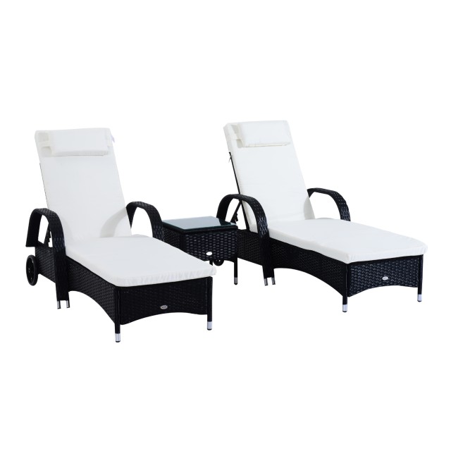 Outsunny Σετ 2 Rattan Ξαπλώστρα Ξαπλώστρα με Επενδυμένο στρώμα και Τραπεζάκι σαλονιού, Μαύρο 862-011BK