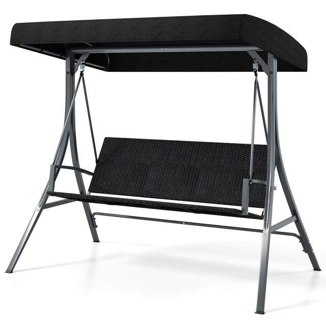 Costway 3-Θέσια Κούνια Κήπου 118 x 192 x 165 cm με Σκίαστρο & Πλάτη Ρατάν & Μεταλλικό Σκελετό, Μέγιστο Φορτίο 450kg για Εξωτερικό Χώρο NP12525BK+