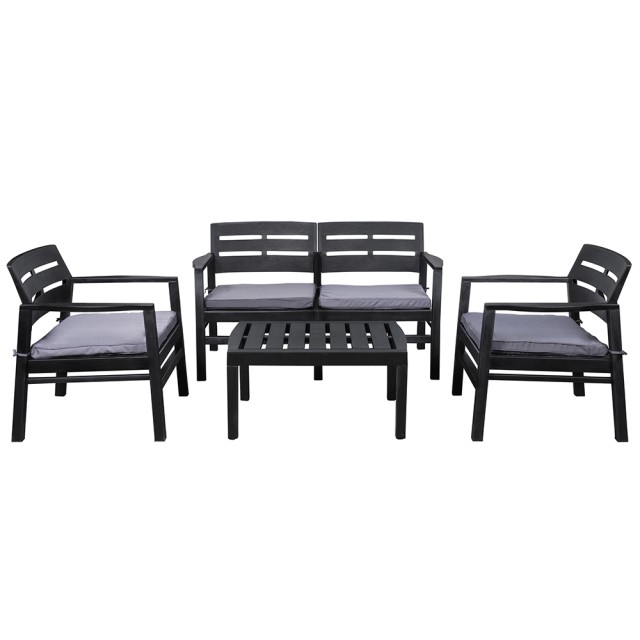 Galileo Σετ κήπου 4 θέσεων μαύρο από πλαστικό PP με υφή ξύλου, γκρίζα μαξιλάρια Fiji Est 5906463