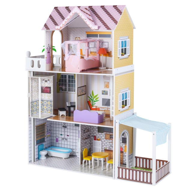 Costway Ξύλινο Κουκλόσπιτο για Παιδιά, 3-όροφο DIY Μοντέρνο Οικογενειακό Κουκλόσπιτο για Παιχνίδι Ρόλων, Ροζ, 120,5 x 102 x 34 εκ. TM10201PI