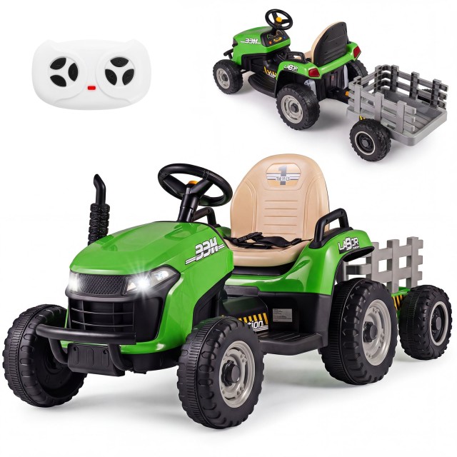 Costway Ηλεκτρικό παιδικό τρακτέρ 24V με τρέιλερ, τηλεχειριστήριο 2,4G και κόρνα, πράσινο, 56 x 59 x 139 cm TQ10529DE-GN