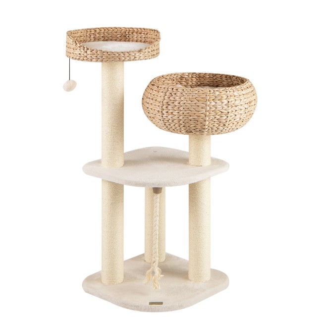 Costway 104 εκ Ξύλινο Καταφύγιο Γάτας με Καλάθι και Στύλους Sisal - Μπεζ PS7475WH