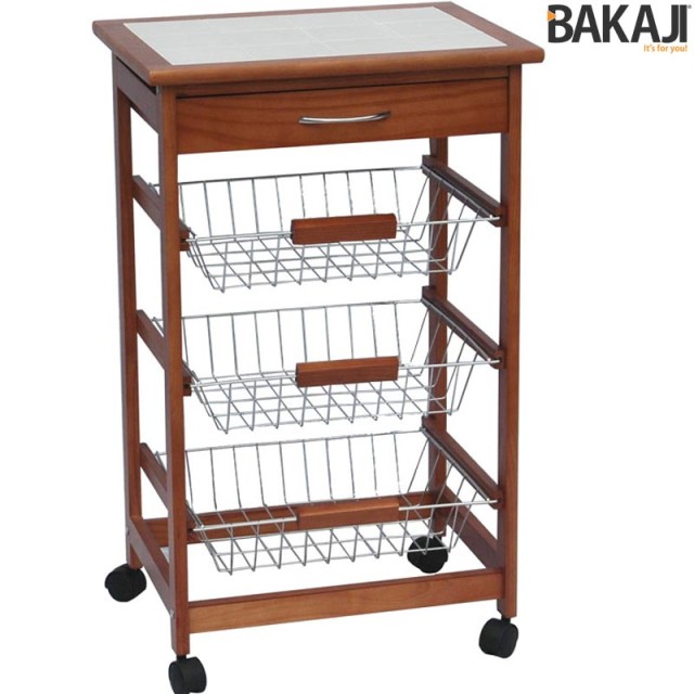 BAKAJI  Ξύλινο καρότσι κουζίνας με 3 καλάθια από ατσάλι και ράφι με 12 κεραμικά πλακάκια  02662785