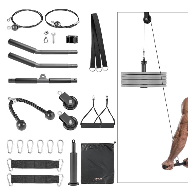 VEVOR Σύστημα Τροχαλιών Γυμναστηρίου, Σετ 2 Τεμαχίων με Δύο Ατσάλινες Καλωδιώσεις, Μπάρα και Διπλές Λαβές, Μέγιστο Φορτίο 150 kg. JYHLXLQXGSGLRS28O001V0