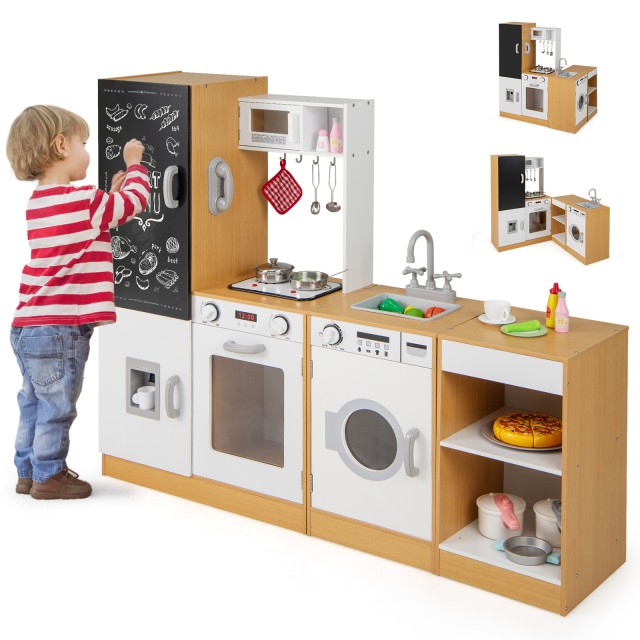 Costway 3-κομμάτιο Ξύλινο Παιδικό Σετ Κουζίνας με Ρεαλιστικούς Ήχους & Φώτα Φυσικό + Λευκό TP10323NA