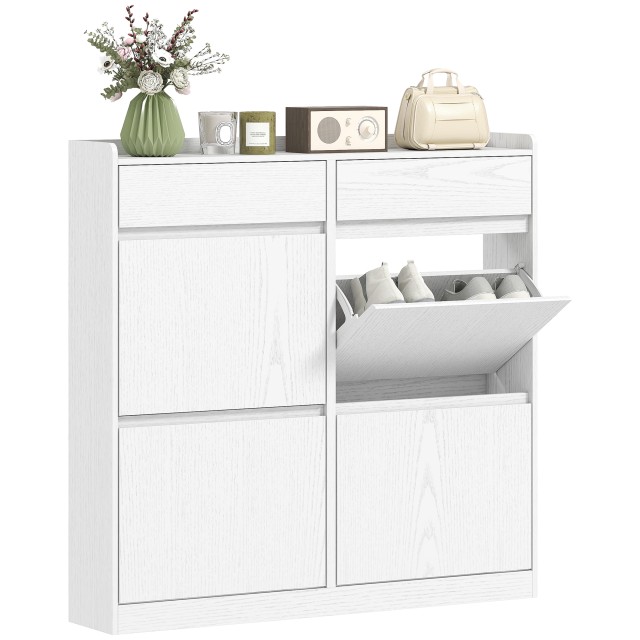 HOMCOM Λευκή Ξύλινη Σκαρπιέρα 98x19.2x95.3 cm με 4 Ριμπάτα και 2 Συρόμενα Συρτάρια 837-579V00WT