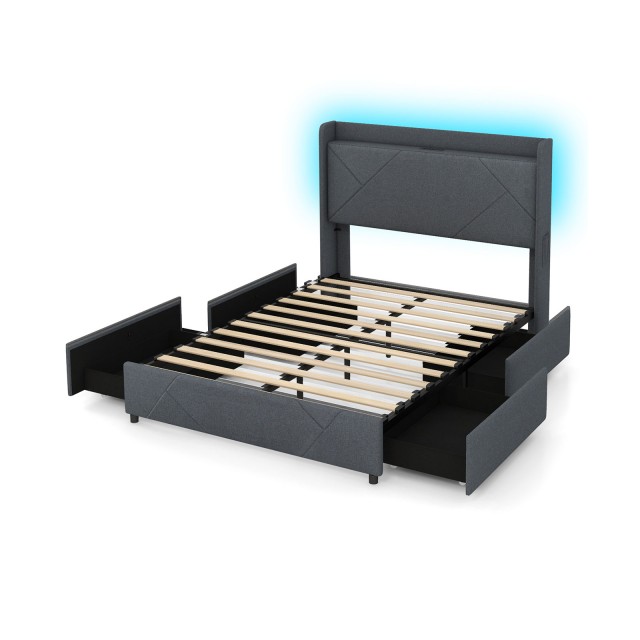 Costway  Διπλό Κρεβάτι  223 x 147 x 122 cm με LED Φωτισμό και Ενσωματωμένο Χώρο Αποθήκευσης HU10597GR-D+