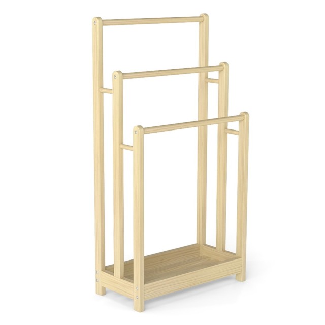 Costway Ξύλινη Επιδαπέδια Πετσετοθήκη με 3 Ράβδους για Πετσέτες & Κάτω Ράφι & Προστασία Ανατροπής - Φυσικό Χρώμα BA7862NA