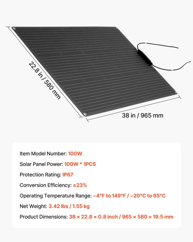 VEVOR Εύκαμπτο Ηλιακό Πάνελ 100W Monocrystalline με Απόδοση 23% IP67 για Σκάφη, RV, Αυτοκίνητα BRXTYNB1100W7HN93001Y3