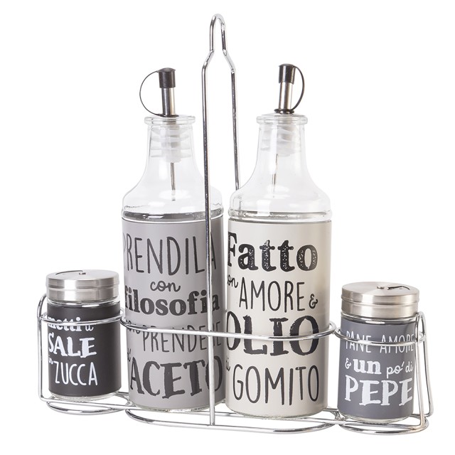 Villa DEste Σετ καρυκευμάτων λάδι ξύδι αλάτι και πιπέρι σε γυαλί και ανοξείδωτο χάλυβα, βάση από γκρι σίδερο Ιδέες 5920967