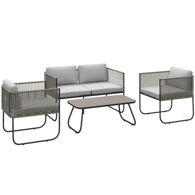 Outsunny Σετ Κήπου Rattan με Διθέσιο Καναπέ, 2 Πολυθρόνες και Τραπέζι με Γυαλί, Αφαιρούμενα Μαξιλάρια, Γκρι 860-399V00LG