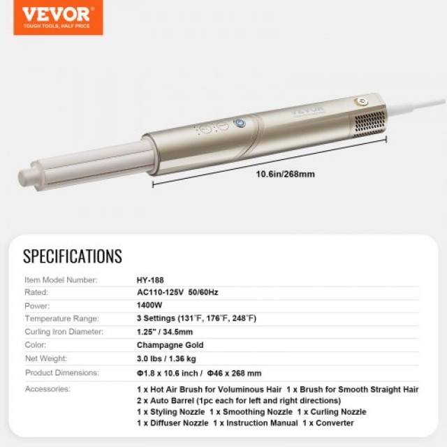 VEVOR  Σετ Μασιάς 8 σε 1 Κεραμική 1.25 για Όλους τους Τύπους Μαλλιών DGNJFBDGNJFBVNEC2V2