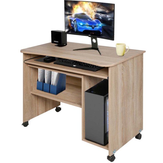 BAKAJI  Γραφείο Τραπέζι με Θήκη Πληκτρολογίου Υπολογιστή και Ράφι από Ξύλο με Ρόδες Δρυς  02012651