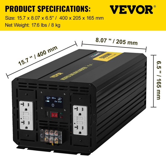 VEVOR Μετατροπέας Ρεύματος Τροποποιημένου Ημιτόνου 5000W 12V σε 110V με LCD ZNB5KW12-110CFPDYV9