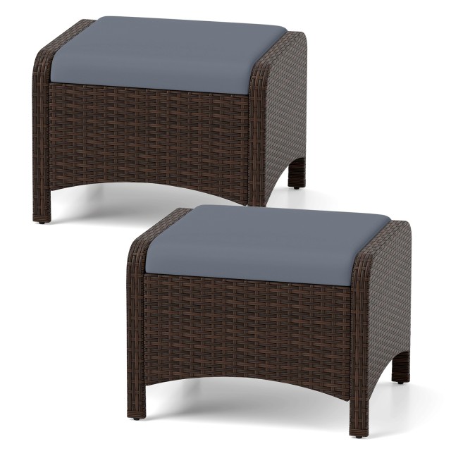 Costway Σετ 2 Πουφ Κήπου Rattan με Μαξιλάρια, Γκρι 39,5 x 54 x 46 cm HW75155GR