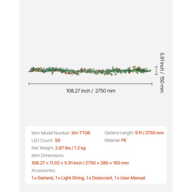 VEVOR Φωτιζόμενη Χριστουγεννιάτικη Γιρλάντα 9Ft με Κόκκινες Μούρες και Κουκουνάρια SDHDHHSYSG9FC6AVU001V9