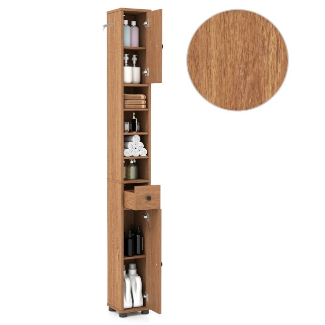 Costway Στενή Ντουλάπα Μπάνιου με 2 Πόρτες, 1 Συρτάρι & Ρυθμιζόμενα Ράφια Φυσικού Χρώματος JV11918NA