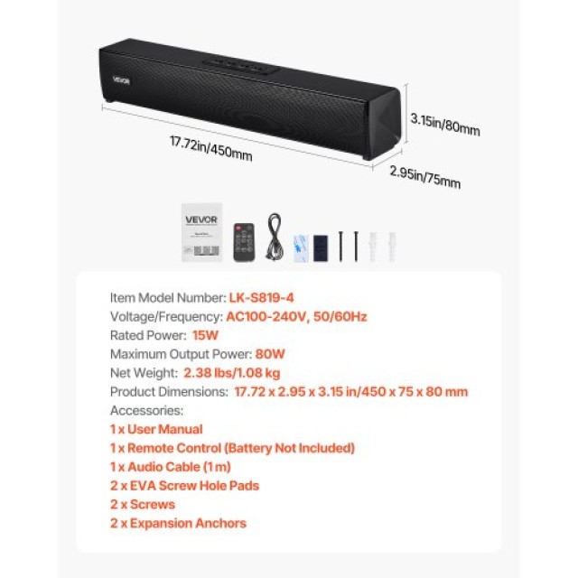 VEVOR Ηχομπάρα για Smart TV, 2.0 Κανάλια, 450 mm Συμπαγής Ηχοσύστημα για Προβολέα, Bluetooth AUX Σύνδεση, Τηλεχειριστήριο, Εγκατάσταση 80W Surround Ήχου για PC Οικιακό Θέατρο YTSTXYX17INCJ9FDQ001V2