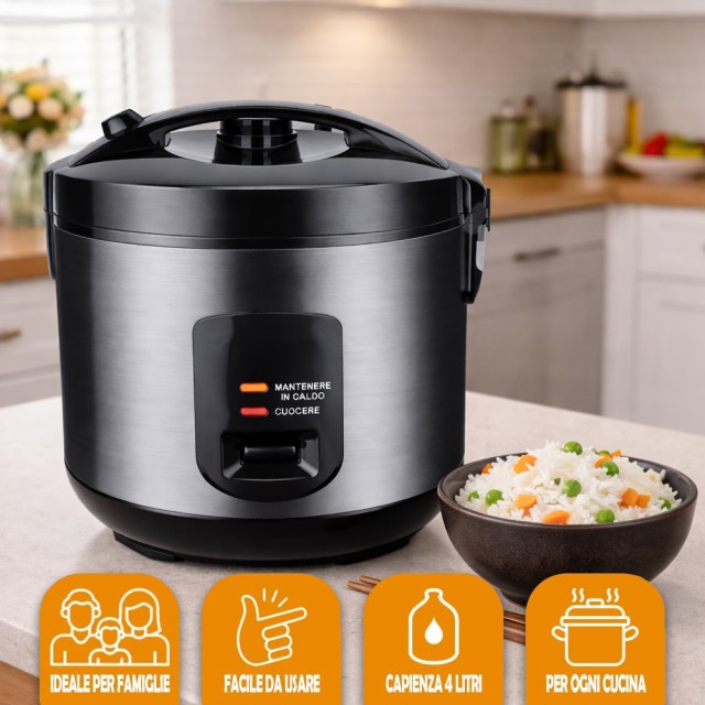 BAKAJI Συμπαγής Ηλεκτρική Μαγειρική Συσκευή Ρυζιού 4L με Αυτόματο, Υγιεινό και Γρήγορο Μαγείρεμα 700W 02001689