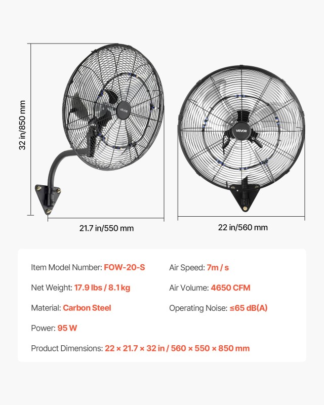VEVOR Επιτοίχιος Ανεμιστήρας 505 mm με Περιστροφή και Υδρονέφωση, Τηλεχειριστήριο, IP44, 3 Ταχύτητες, Χρονοδιακόπτης 18 ωρών GYBGSFS20INC2UFL6001V2