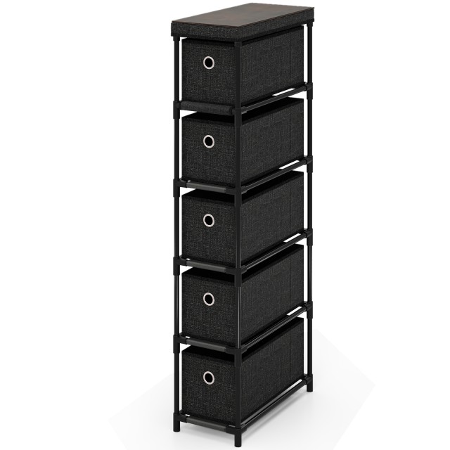 Costway Στενή Συρταριέρα με 5 Συρτάρια - Λεπτός Πύργος Αποθήκευσης με Μεταλλικό Σκελετό – Μαύρο JZ10316BK