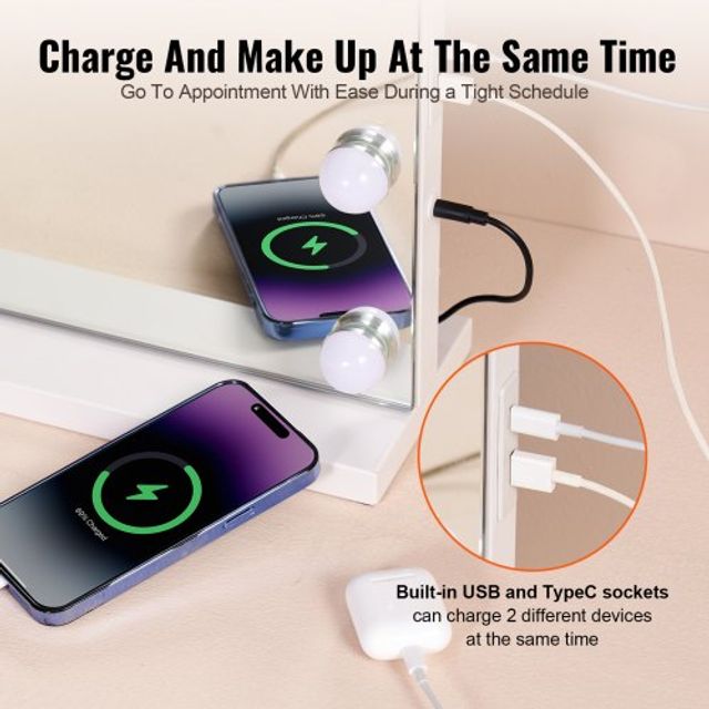 VEVOR Καθρέφτης Μακιγιάζ Hollywood με Φώτα & USB-C 23.6 Επιτραπέζιος/Τοίχου TMHZJJSFXDP89ZRDSV2