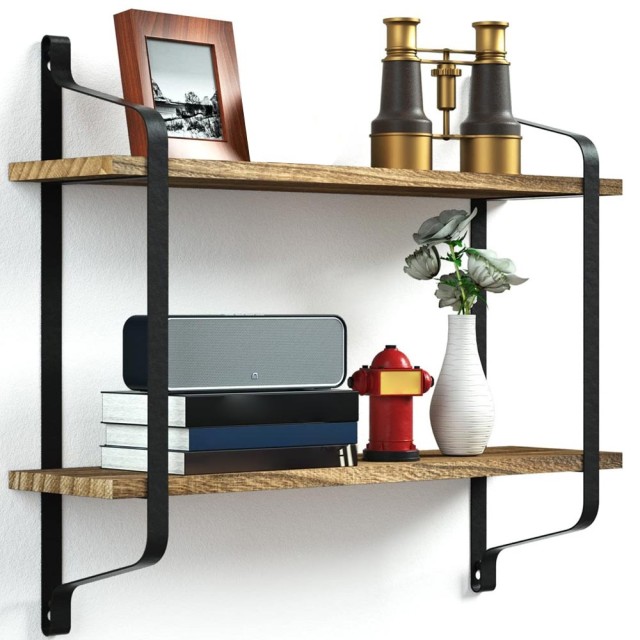 BAKAJI Μοντέρνος Σχεδιασμός Ραφιού Τοίχου με 2 Ράφια - Βιβλιοθήκη από Ξύλο και Μέταλλο 02834740