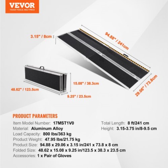 Φορητή Ράμπα Αμαξιδίου VEVOR, 8 ft, 800 lbs, Αντιολισθητική Αλουμινίου, Πτυσσόμενη για Σκάλες & Σκαλοπάτια ZDKMJPD96YC17MST1V0