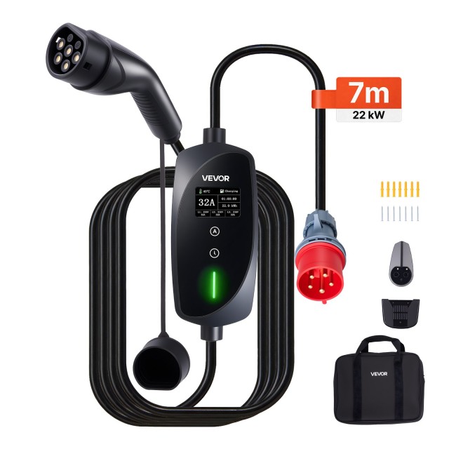 VEVOR Φορητός Φορτιστής EV 22 kW 32A Τύπου 2, 3 Φάσεων με Καλώδιο 7μ και Οθόνη LCD, IP66 OGBXCDQPM22KJTVAL001V2