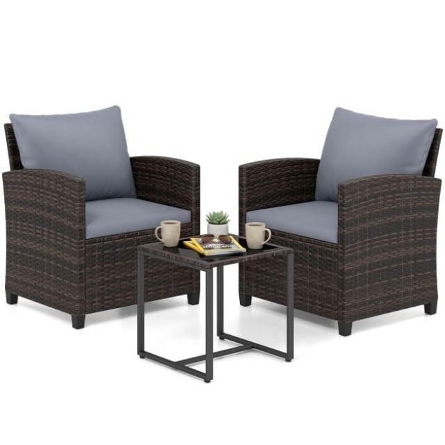 Costway Σετ κήπου 3 τεμαχίων με 2 πολυθρόνες, γυάλινο τραπέζι, μεταλλικό σκελετό και μαξιλάρια, γκρι NP13119GR