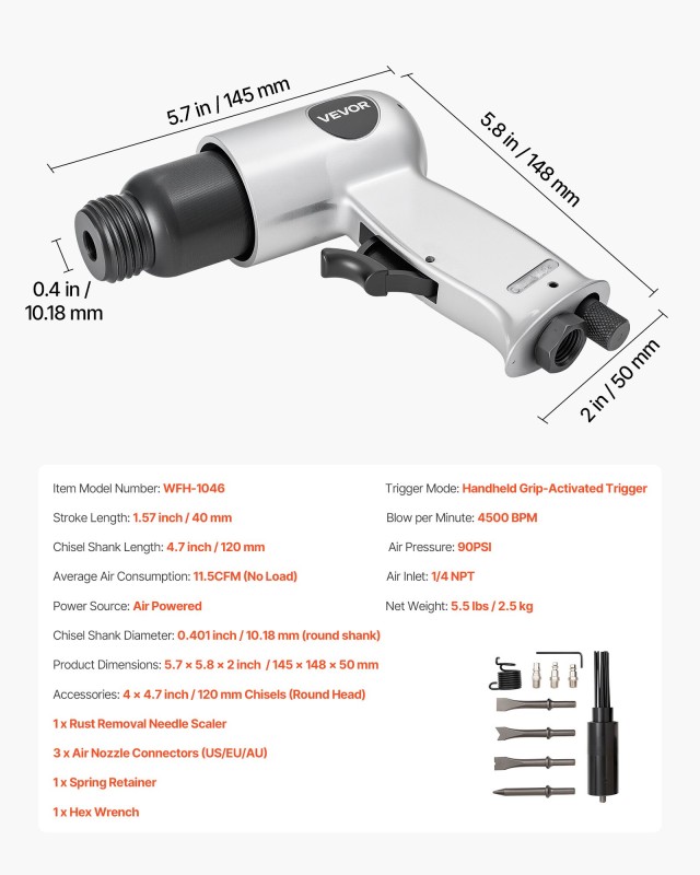 VEVOR Πνευματικό Σφυρί Air Hammer 4500 BPM με Needle Scaler & 4 Καλέμια QDCCZSCXQQSWC0EUI002V0